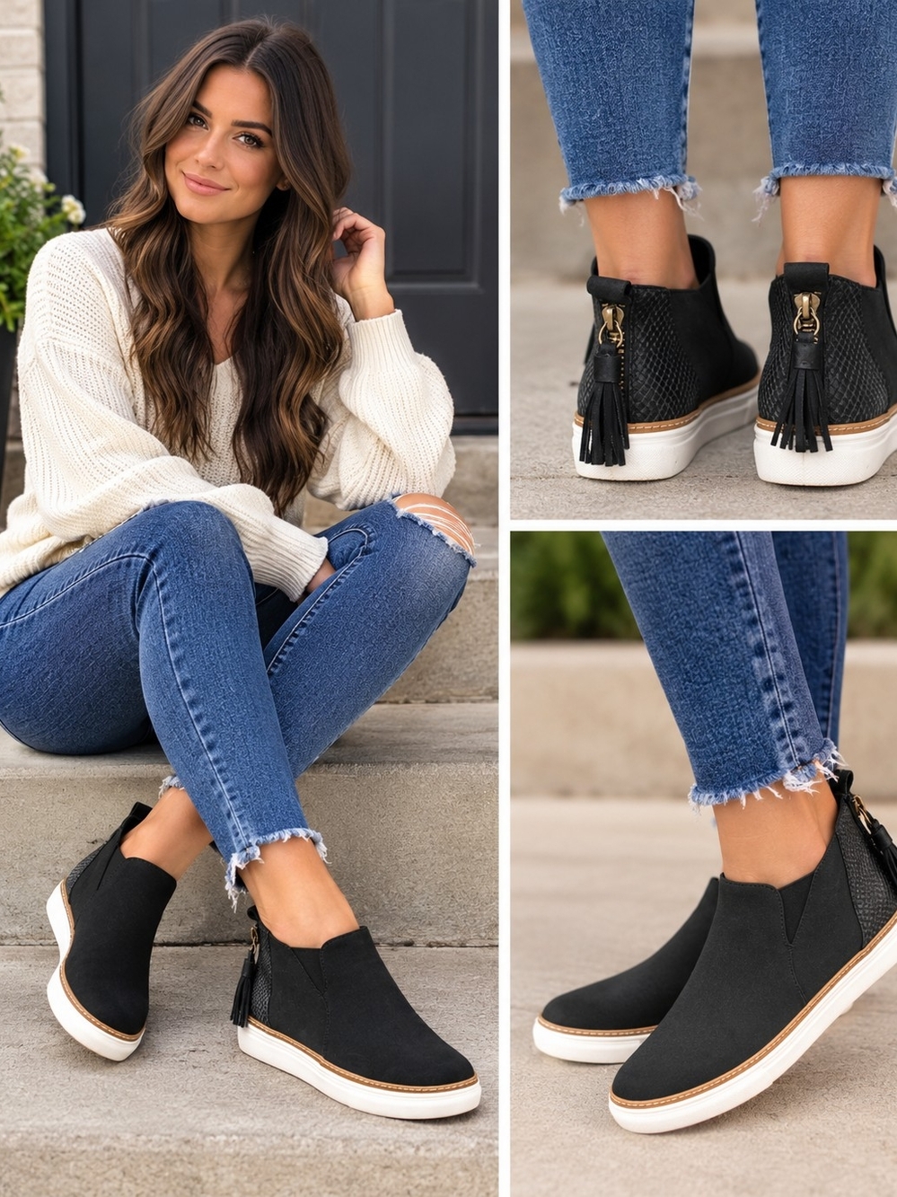 CCOCCI Black Slip-On Ankle Booties with Tassel Back Zipper